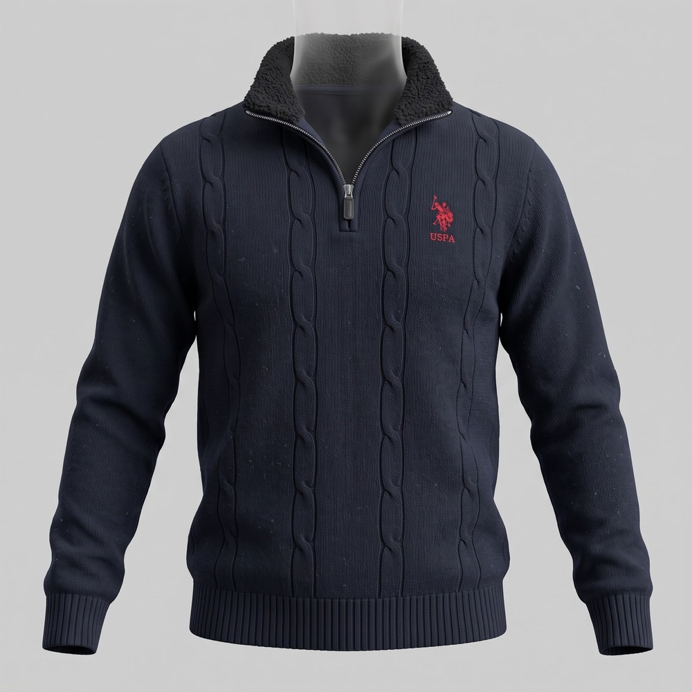 US Polo Assn Mens Medium Black Sweater Quarter Zip Cable Knit Sherpa Collar